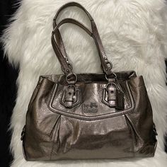 Gorgeous Rare Gray Metallic Coach Poppy Satchel. The Metallic Finish Is A Darker Gun Metal, Not Bright Silver. See Pics To See Some Light Staining From Use On Pink Satin Interior, Handle Wear, And Very Small White Spot On Back. With Like New Shoulder Strap That Was Never Used. Beautiful Large Bag. Approx 16”X10”X5” Silver Metal Rectangular Bag, Elegant Metallic Shoulder Bag For Everyday Use, Metallic Elegant Shoulder Bag For Everyday, Elegant Everyday Metallic Shoulder Bag, Elegant Metallic Shoulder Bag, Silver Metal Rectangular Shoulder Bag, Silver Rectangular Metal Shoulder Bag, Rectangular Silver Metal Shoulder Bag, Metallic Tote Shoulder Bag, Elegant Style