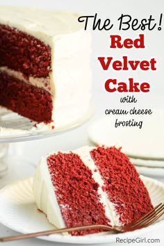 the best red velvet cake with cream cheese frosting is on a plate and ready to be eaten