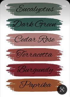 four different shades of paint with the words, dark green, cedar rose, terracotta and burgundy paprika