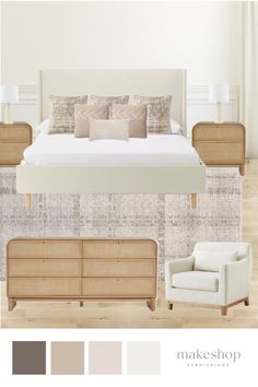 an image of a bedroom setting with furniture and accessories in neutral colors, including the bed