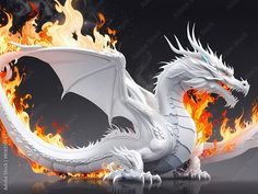 a white dragon sitting on top of a fire