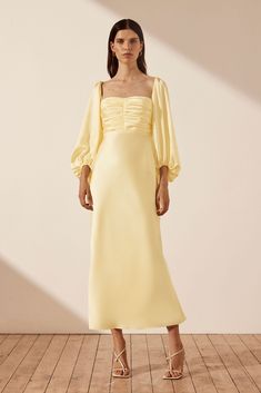 Luxe Ruched Bodice Long Sleeve Midi Dress | Lemon | Dresses | Shona Joy Luxury Pleated Puff Sleeve Midi Dress, Luxury Ruched Puff Sleeve Midi Dress, Luxury Midi Dress With Smocked Back, Long Sleeve Midi Silk Dress, Luxury Midi Dress With Balloon Gathered Sleeves, Luxury Short Sleeve Midi Dress With Ruched Bodice, Luxury Short Sleeve Dress With Ruched Bodice, Luxury A-line Midi Dress With Gathered Sleeves, Luxury Balloon Sleeve Midi Dress For Fall