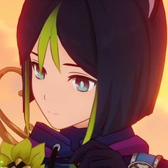 an anime character with green hair and blue eyes, holding a flower in her hand