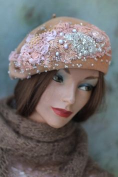 FleursBoheme original style hats 23/24. Romantic extravagant boho chic embroidered knit beret  hand dyed sandy beige and ochre shades.  Rich embellishments include various vintage laces and trims, hand sculpted lace and silk blossoms, textured silk, lace and tulle, vintage lace trims, seed beads and freshwater pearls. Piece unique. One size, fits  medium 55-56 cm. Care: gently wash by hand in cool water, dry flat. Vintage Mini Hats For Spring Festivals, Handmade Bohemian Headpiece For Spring, Spring Bohemian Mini Hats For Wedding, Spring Festival Vintage Mini Hats, Spring Wedding Bohemian Mini Hats, Bohemian Embroidered Hats For Festivals, Bohemian Wedding Headpiece For Spring, Handmade Bohemian Cap, Handmade Spring Hat Headpiece