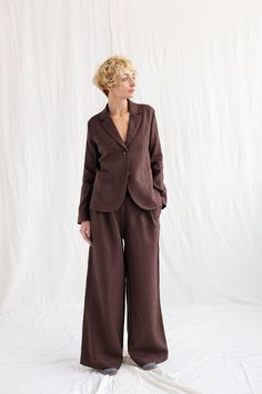 Fitted Silhouette Linen Blazer / OFFON Clothing - Etsy Long Sleeve Linen Suit For Fall, Fall Linen Long Sleeve Suits, Fall Single Button Linen Suit, Tailored Brown Linen Blazer, Fall Linen Suits With Welt Pockets, Winter Linen Blazer With Notch Lapel, Linen Tweed Jacket With Suit Collar For Fall, Fall Long Sleeve Linen Tweed Jacket, Brown Linen Blazer For Fall