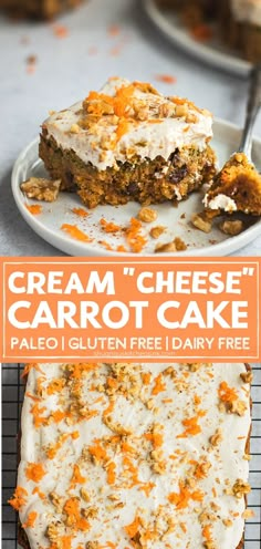 carrot cake with cream cheese frosting on top and an orange sign in the background