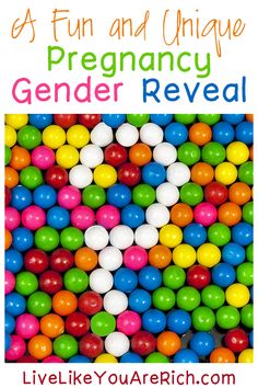 a pile of candy balls with the words, as fun and unique pregancy gender reveal