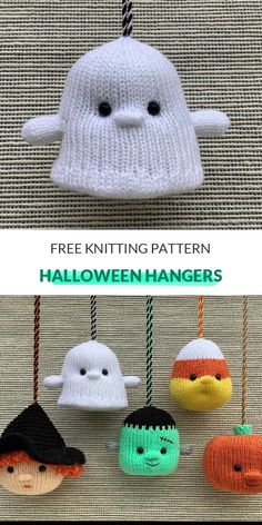 three knitted halloween ornaments hanging from strings with text overlay that says free knitting pattern