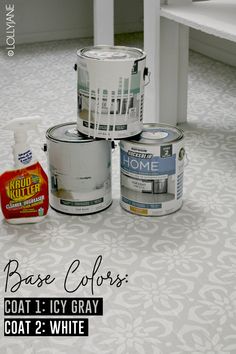 three paint cans and two white buckets with the words base colors next to them