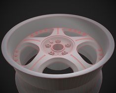 a white wheel with pink spokes is shown in this 3d rendering image, it appears to be part of a vehicle's rim