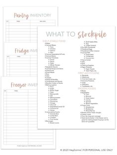 two printable wedding planning sheets with the words, what to stockpile and price list