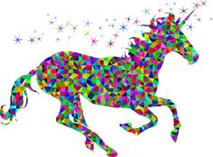 a colorful unicorn running through the air with stars on it's back and tail