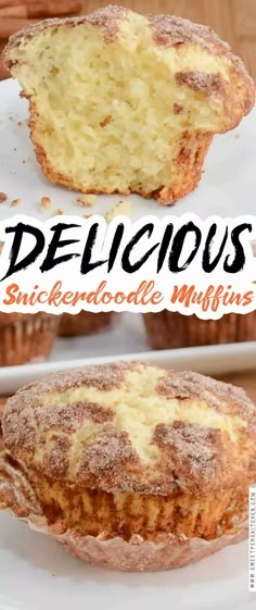 two muffins with powdered sugar on top and the words delicious snickkerdoodle muffins above them