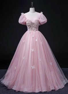 Pink Sweet Sixteen Dress, Pink Puff Sleeve Dress For Banquet, Pink Short Sleeve Princesscore Dress, Pink Feminine Dress For Debutante Ball, Feminine Pink Dress For Debutante Ball, Long Graduation Dress, Victorian Prom Dress, Pretty Oc, Vintage Inspired Prom Dress