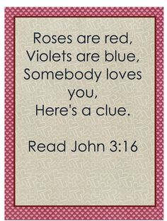 a pink and white frame with the words roses are red, violets are blue, somebody loves you, here's a clue read john 3 16