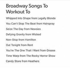 the back cover of broadway songs to workout to, which includes text and pictures