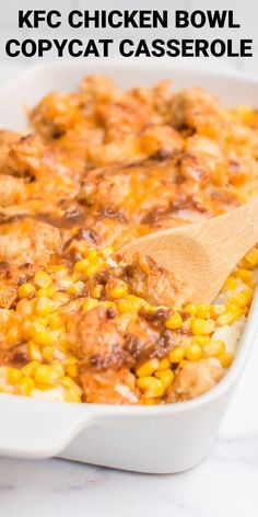 a casserole dish filled with chicken and corn