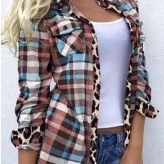 Nwt Cute As Can Be Plaid With Cheetah Trim Fall Leopard Print Tops With Buttons, Print Top, Print Tops, Button Up, Womens Sizes, Plaid, Womens Tops, Trim, Women Shopping