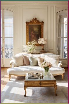 a living room filled with furniture and flowers on top of a coffee table in front of a painting