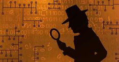 a silhouette of a man holding a magnifying glass in front of a computer code background