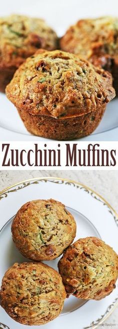 zucchini muffins on a white plate with the title in the middle