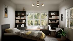 a bedroom with bookshelves and a bed in the corner next to a window