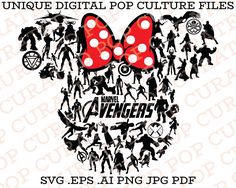 minnie mouse head with the words, unique digital pop culture files for svg eps