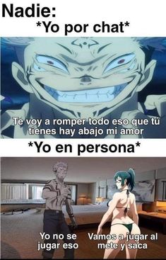 two anime characters with caption in spanish and english