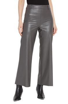 Edgy faux leather shows its softer side in breezy wide-leg pants fitted at the waist and hips and constructed with the brand's patented smoothing waistband. 28" inseam; 11" leg opening; 12" front rise; 15 1/2" back rise Extrawide, interior smoothing waistband 95% rayon, 5% spandex with polyurethane coating Machine wash, line dry Imported Faux Leather Wide Leg Pants, Leather Wide Leg Pants, Bottoms Pants, Workout Pants, Leg Pants, Womens Bottoms, Wide Leg Pants, Ash, Top Brands