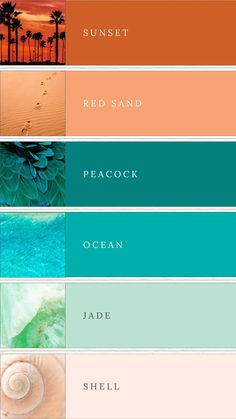 the color palette for sunset, red sand, peacock ocean and jade shell