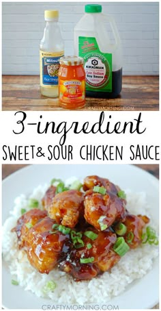 the ingredients to make sweet and sour chicken sauce are shown in this collage with text overlay