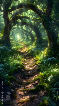 a path in the middle of a forest with moss growing on it's sides