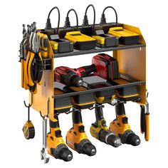 a yellow and black work bench with tools on it's sides, including drillers