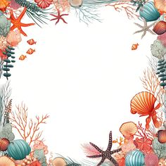 an underwater scene with starfish, corals and other marine life on a white background