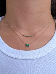 This necklace is for the emerald lover. The vibrant green stone adds color and texture to your necklace layer. It can be a special gift to anyone with a may birthstone or worn by those who love emerald jewelry. Fine Jewelry Green Diamond Gemstone Necklace, Green Gemstone Diamond Necklace In Fine Jewelry Style, Emerald Cut Green Diamond Necklace, Emerald Necklace With Diamonds And 17 Jewels, Round Green Emerald Necklace With Jewels, Green Diamond Necklace In Fine Jewelry Style, Emerald Cut Green Diamond Gemstone Necklace, Green Round Gemstone Diamond Necklace, Fine Jewelry Green Diamond Necklace