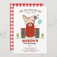 a red tractor birthday party card with farm animals on the front and bottom, in gingham checkered paper