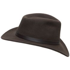 This genuine wool felt hat is trimmed with a genuine leather band. Packable, lightweight with water repellent. It's rugged enough to be folded, stuffed, and then shaken back into its original shape. (Happens to the best of us.) You can wear it with anything - shorts, jeans, formal or informal occasions, and even a business suit. Made in the USA. Material: 100% WoolBrim: 3"Crown: 4 3/8" teardropHatband: 3/4" leatherClimate: Cold Hand-finished in the US. Leather Wide Brim Fedora For Outdoor, Leather Fedora With Curved Brim For Outdoor, Winter Outdoor Fedora With Curved Brim, Country Style Hat Bands For Winter Travel, Country Style Wool Fedora For Outdoor, Country Style Winter Felt Hat For Travel, Country Style Felt Hat For Winter Travel, Winter Outdoor Felt Hat With Flat Brim, Country Style Winter Travel Felt Hat