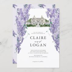 an elegant wedding card with purple flowers on the front and bottom, in watercolor