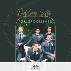 a group of men in suits sitting next to each other on a white chair with the words wedding gifts for groomsmen