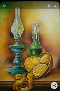 a painting of oranges and other items on a table