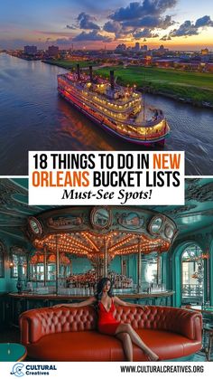 A steamboat cruising along the river at sunset and a woman in a red dress seated in a luxurious bar setting highlight the unique experiences featured in "18 Things to Do in New Orleans Bucket Lists. Mississippi River Steamboat, What To Do In The French Quarter, New Orleans At Christmas Time, Places To Visit In New Orleans, New Orleans Attractions, Nola Things To Do, Best Time To Visit New Orleans, New Orleans Tours