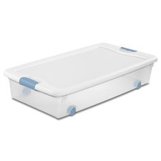 a plastic storage box with blue handles