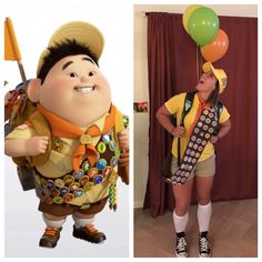 there are two pictures of people dressed in costumes and one is holding a balloon while the other has a tie