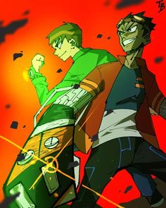 two anime characters are standing in front of an orange and red background, one is holding a skateboard