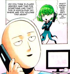 a man talking on a cell phone next to a cartoon character with green hair and blue eyes