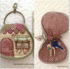 two pictures of purses with different designs on them and one has a keychain attached to it