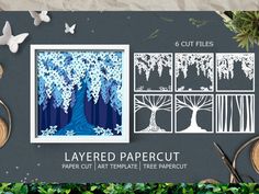 paper cut art templates with trees and butterflies