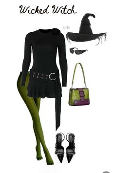 a woman in black dress and green stockings with hat, handbag and purse on white background