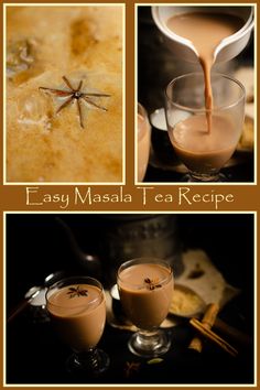 the cover of easy masala tea recipe, with three pictures of different drinks and ingredients