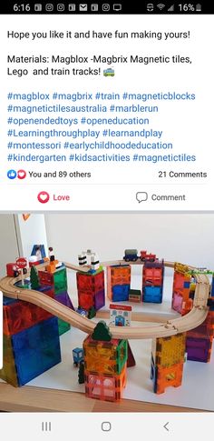 a toy train set with lots of colorful blocks on the track and instructions to make it